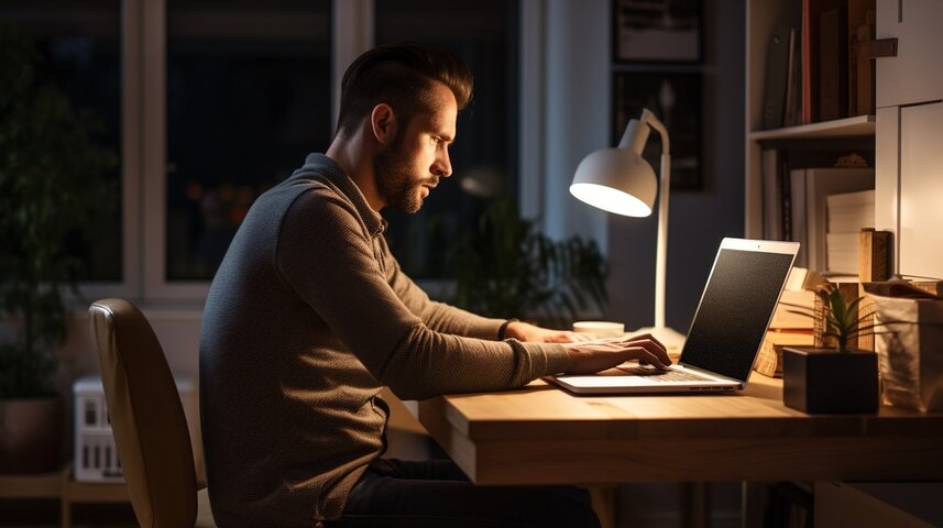 Person working under a lamp