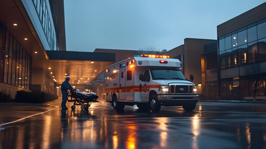 Ambulance near a hospital entrance