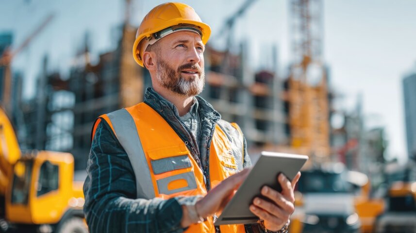 Construction worker holding clipboard, wearing PPE on construction site