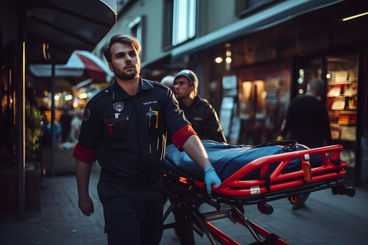 Paramedics walk with a stretcher